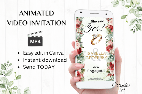 Elegant Rose Script: Red Roses Engagement Announcement W1444B