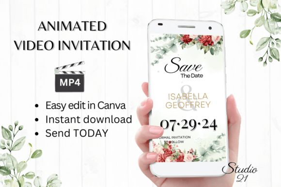 Red Roses Save the Date Invite W2242: A Modern Calligraphic Display
